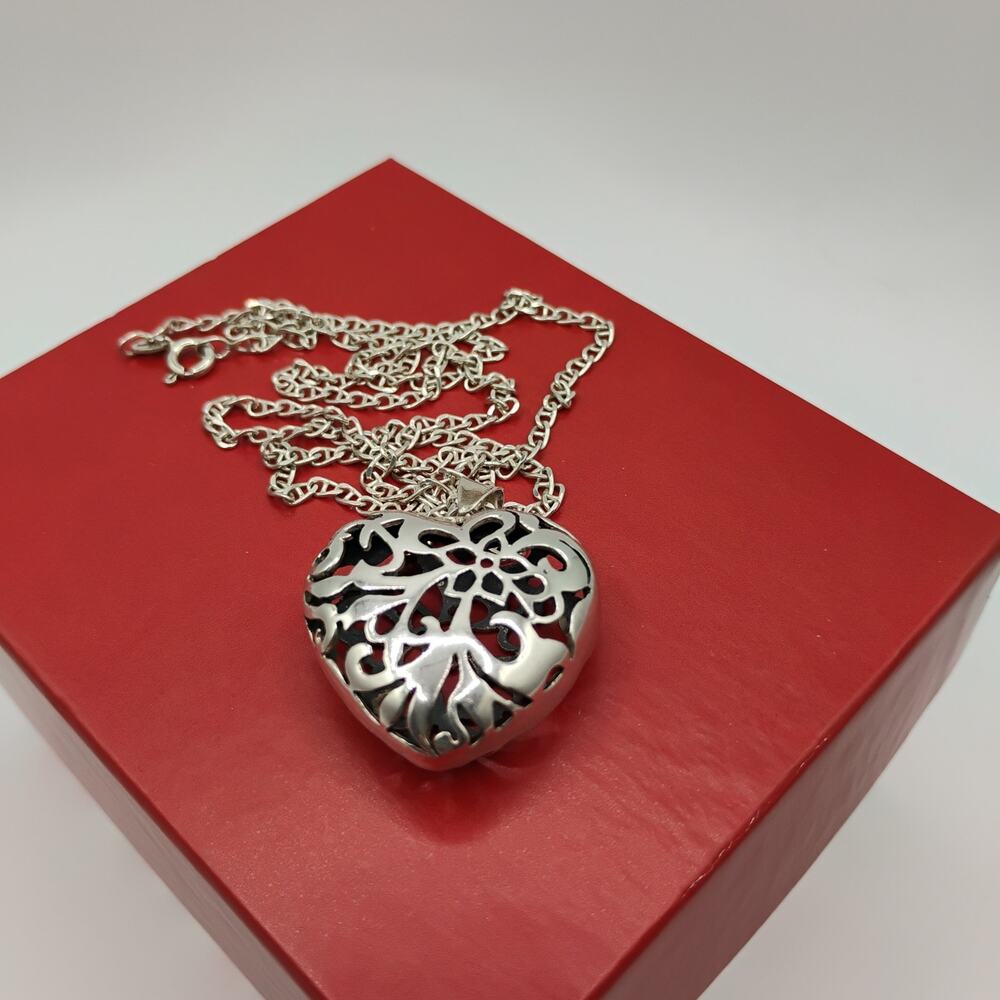 Filigree Puffy Sterling Silver Heart on a 24-inch Chain